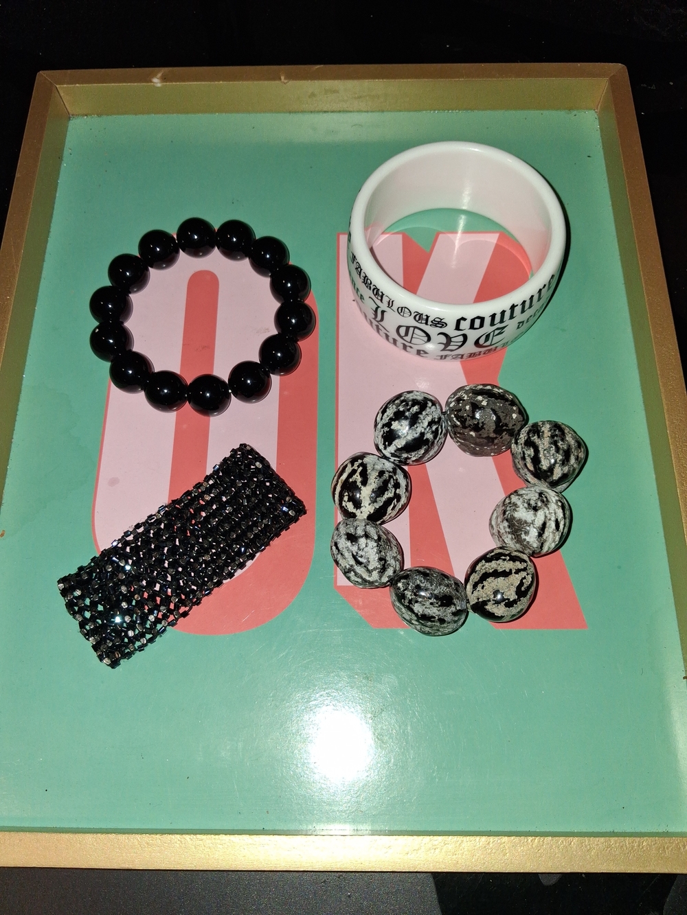 Couture White Logo Silicone Bangle with Black and Gray Beaded Bracelets